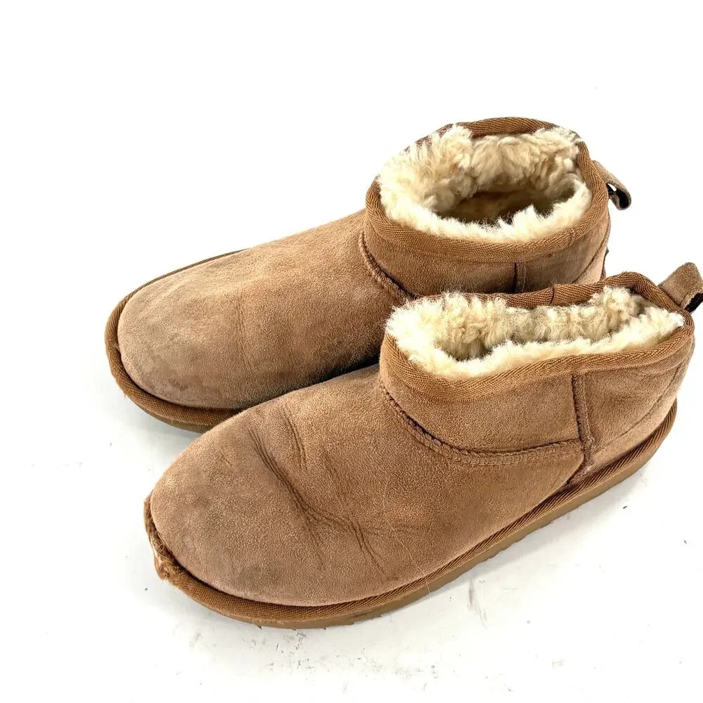 Ugg Classic Shortie Suede Boots 5.5 Womens Tan Camel Shearling 4 Kids Girls